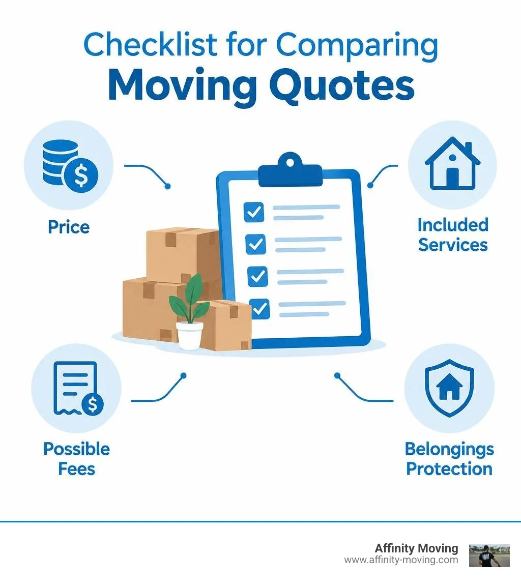 Checklist for comparing moving quotes: price, included services, possible fees, and belongings protection infographic Checklist for comparing moving quotes: price, included services, possible fees, and belongings protection infographic